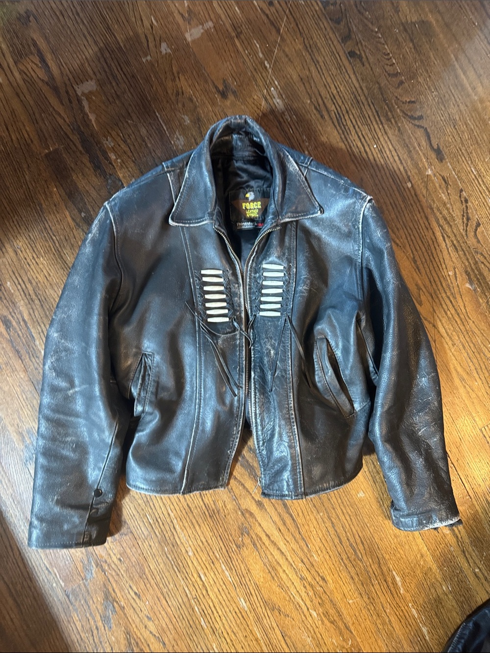 Force1 Black Leather Bomber Jacket with Rib Detail